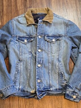 American Eagle Outfitters Blue Denim Jacket with Brown Corduroy Collar